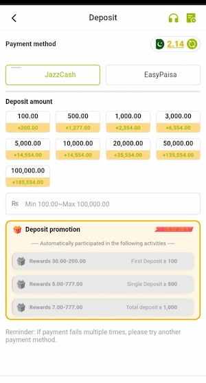 Deposit in VH777 Game