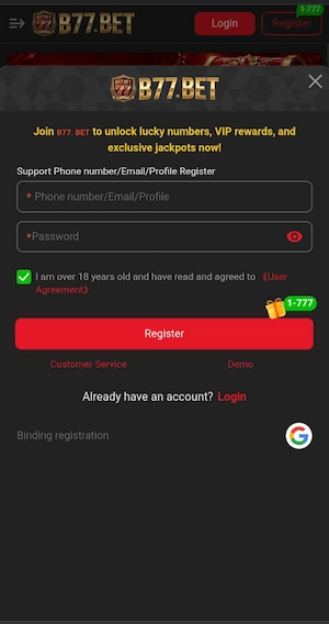 Register in B77 BET Game