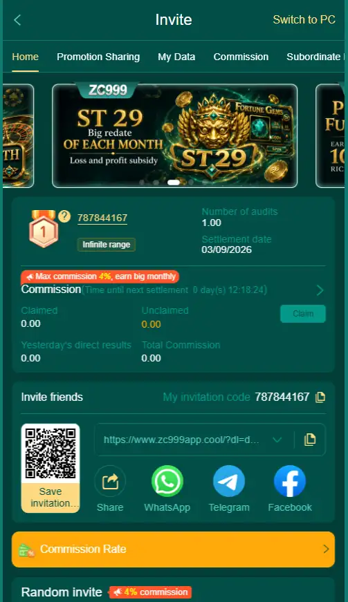 Invite and earn in ZC999 Game